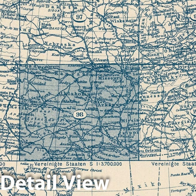 Historic Map : 1925 Index Map: 98. Vereinigte Staaten S. United States S. - Vintage Wall Art