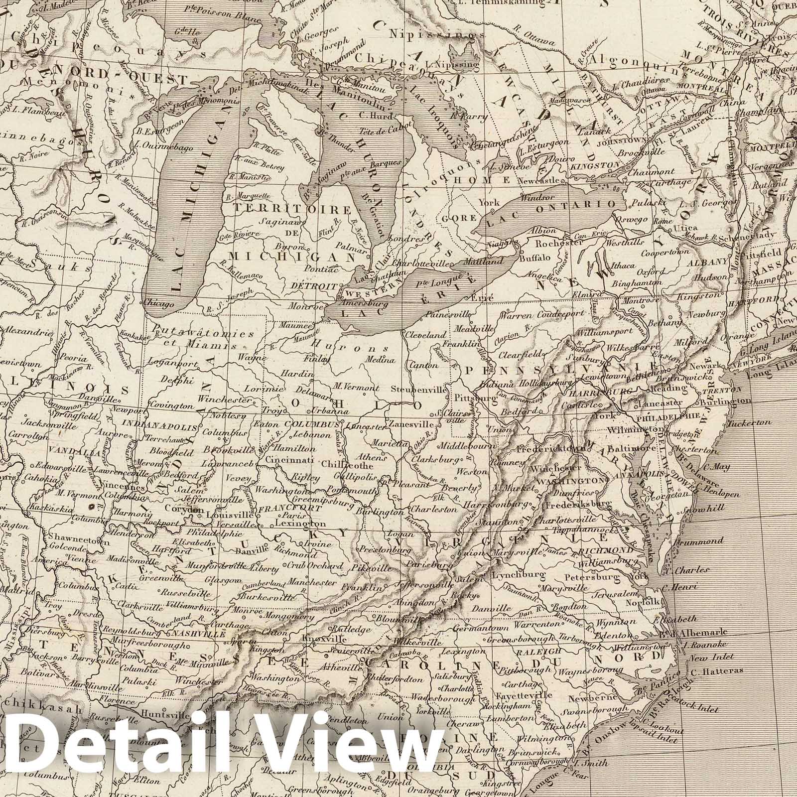 Historic Map : Canada; United States, Eastern States 1837 Etats Unis et Canada. , Vintage Wall Art