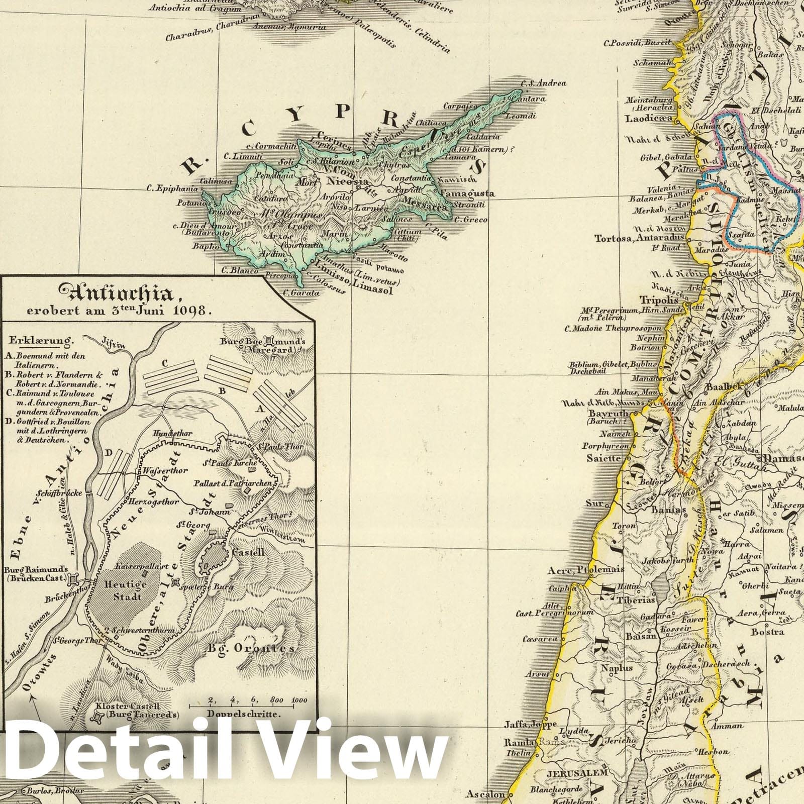 Historic Map : Israel; Syria , Jerusalem, Antioch Region (Turkey) 1855 Syrien und die angraenzenden Laender zur Zeit der Kreuzzuge. , Vintage Wall Art