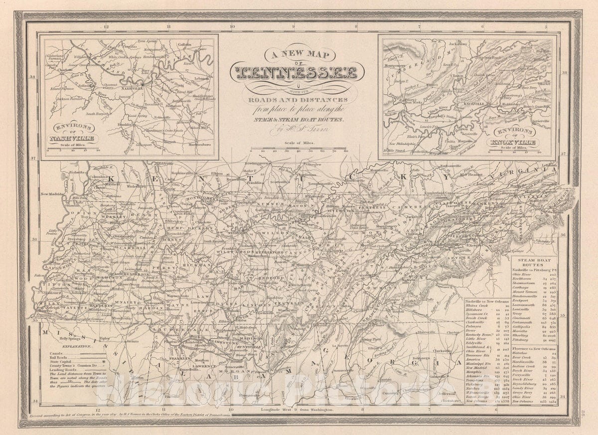 Historic Map : 1848 Tennessee. - Vintage Wall Art – Historic Pictoric, image size:1200x873