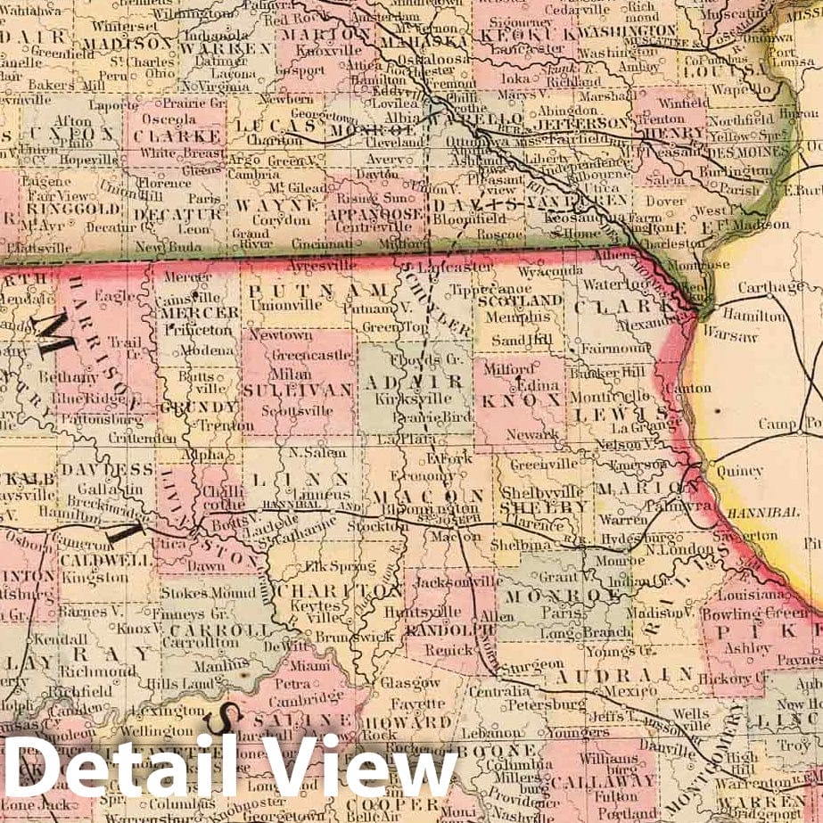 Historic Map : 1868 County map of the States of Iowa and Missouri - Vintage Wall Art