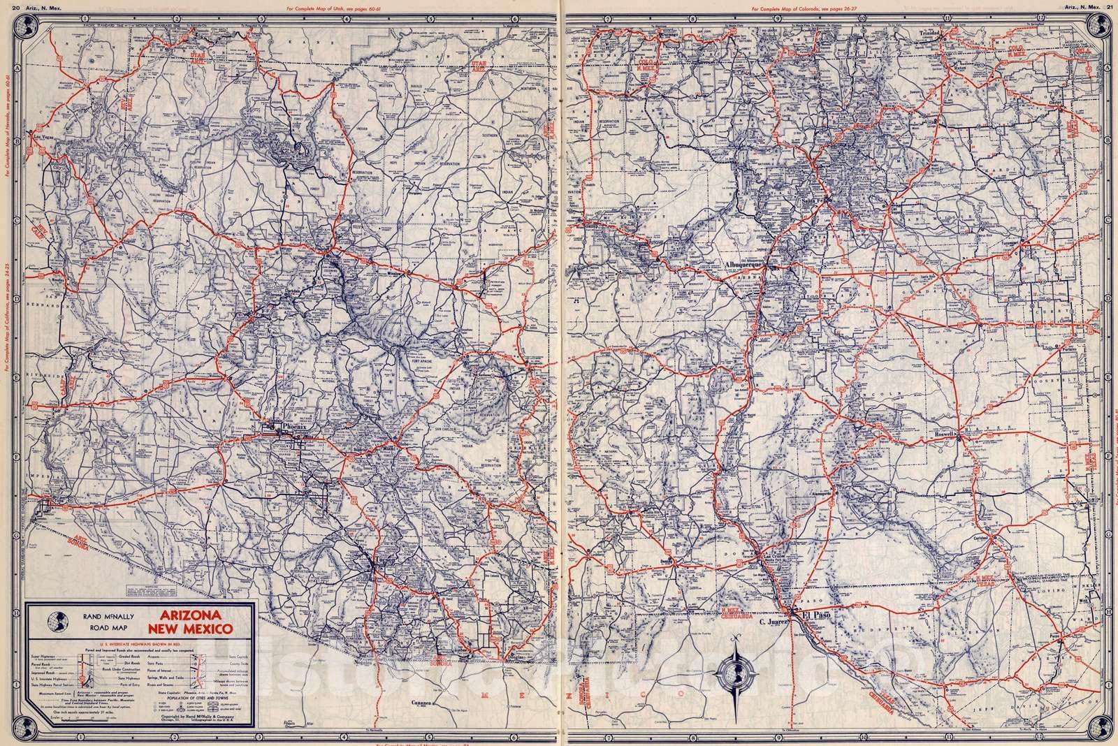 Historic Map - National Atlas - 1939 Rand McNally Road map: Arizona, New Mexico - Vintage Wall Art