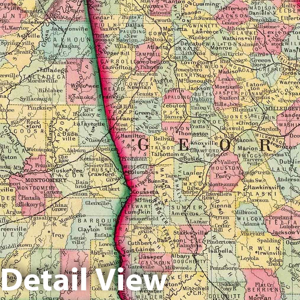 Historic Map : 1860 County Map Of Georgia, And Alabama. - Vintage Wall Art