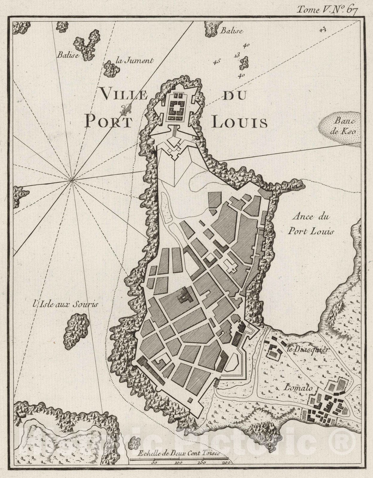 Historic Map : France , Port Louis France, Bretagne 1764 Ville du Port Louis. , Vintage Wall Art