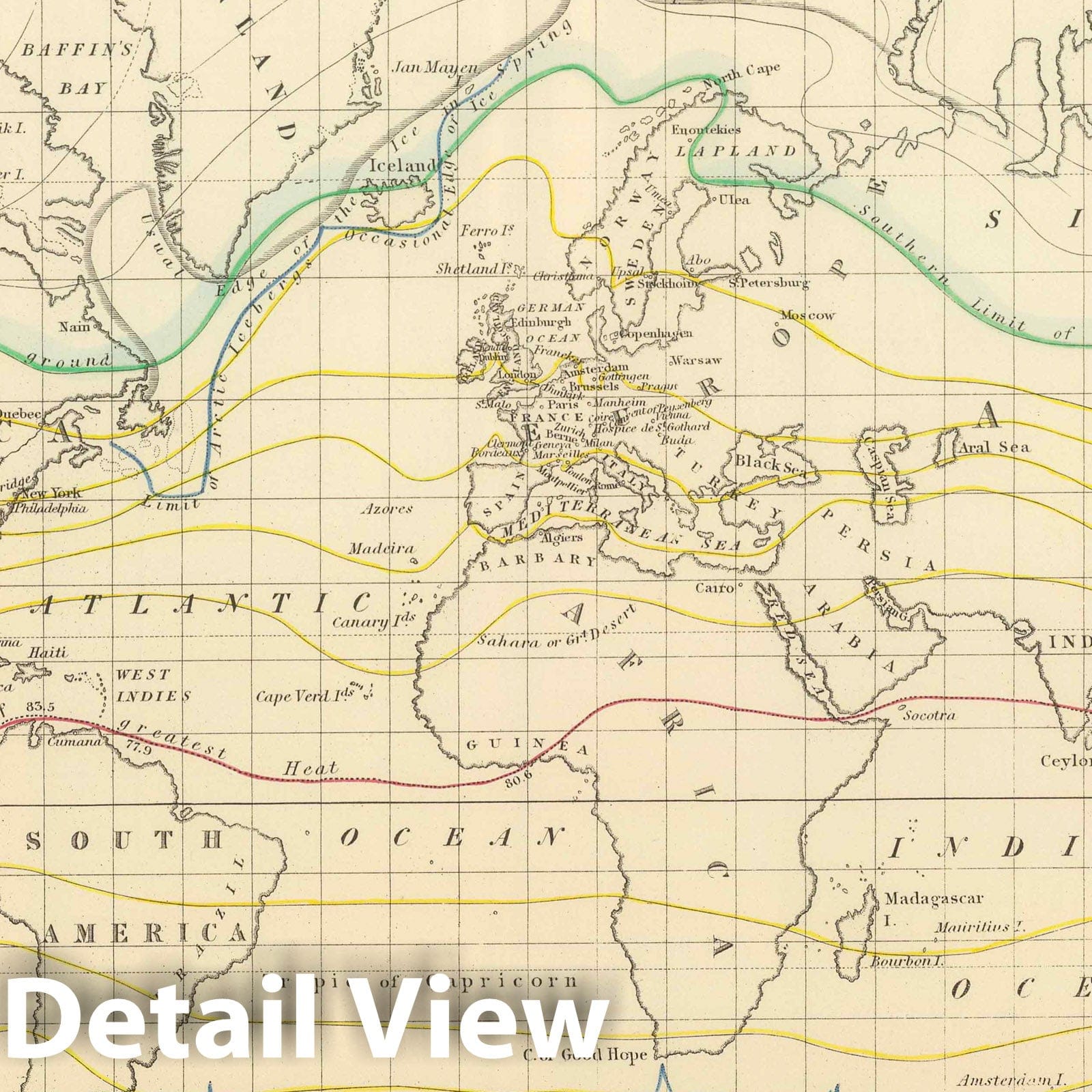 Historic Map : 1854 Mean Annual Temperature of the Earth's Surface. - Vintage Wall Art