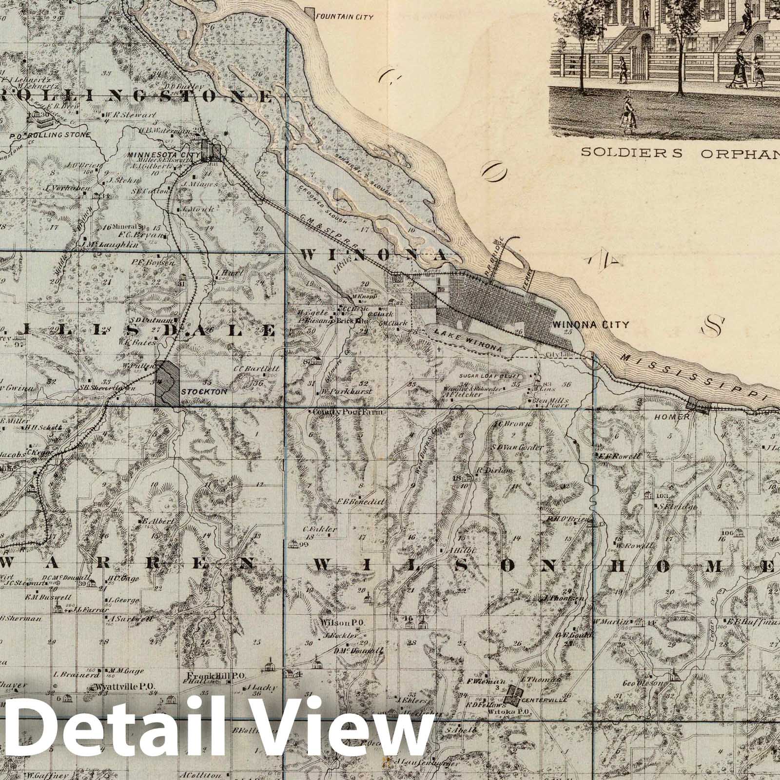 Historic Map : 1874 Map of Winona County, Minn, Soldiers Orphan's Home and Office of the Winona Republican. - Vintage Wall Art