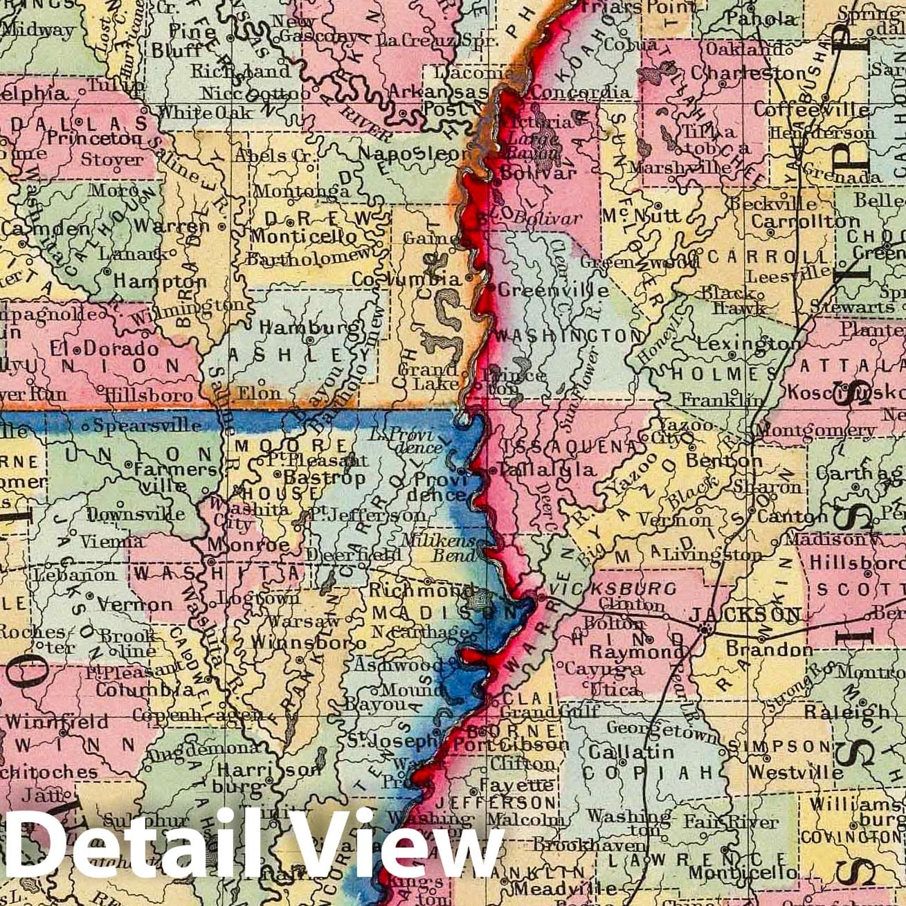 Historic Map : 1860 County Map Of Louisiana, Mississippi, And Arkansas. - Vintage Wall Art