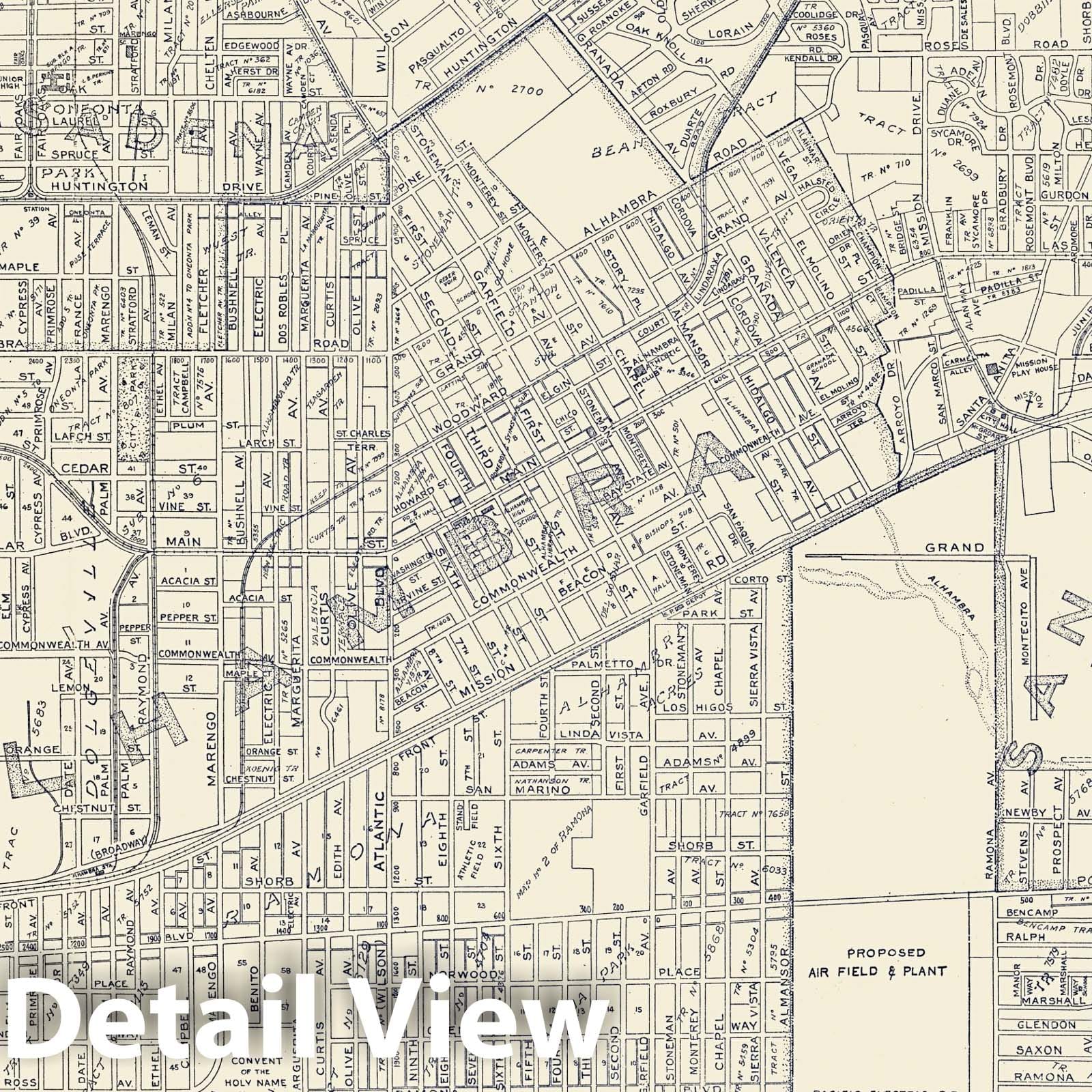 Historic Wall Map : 1938 Thomas Bros. Map of Alhambra, South Pasadena, San Gabriel, San Marino, Monterey Park, Wilmar - Vicinity, California. - Vintage Wall Art