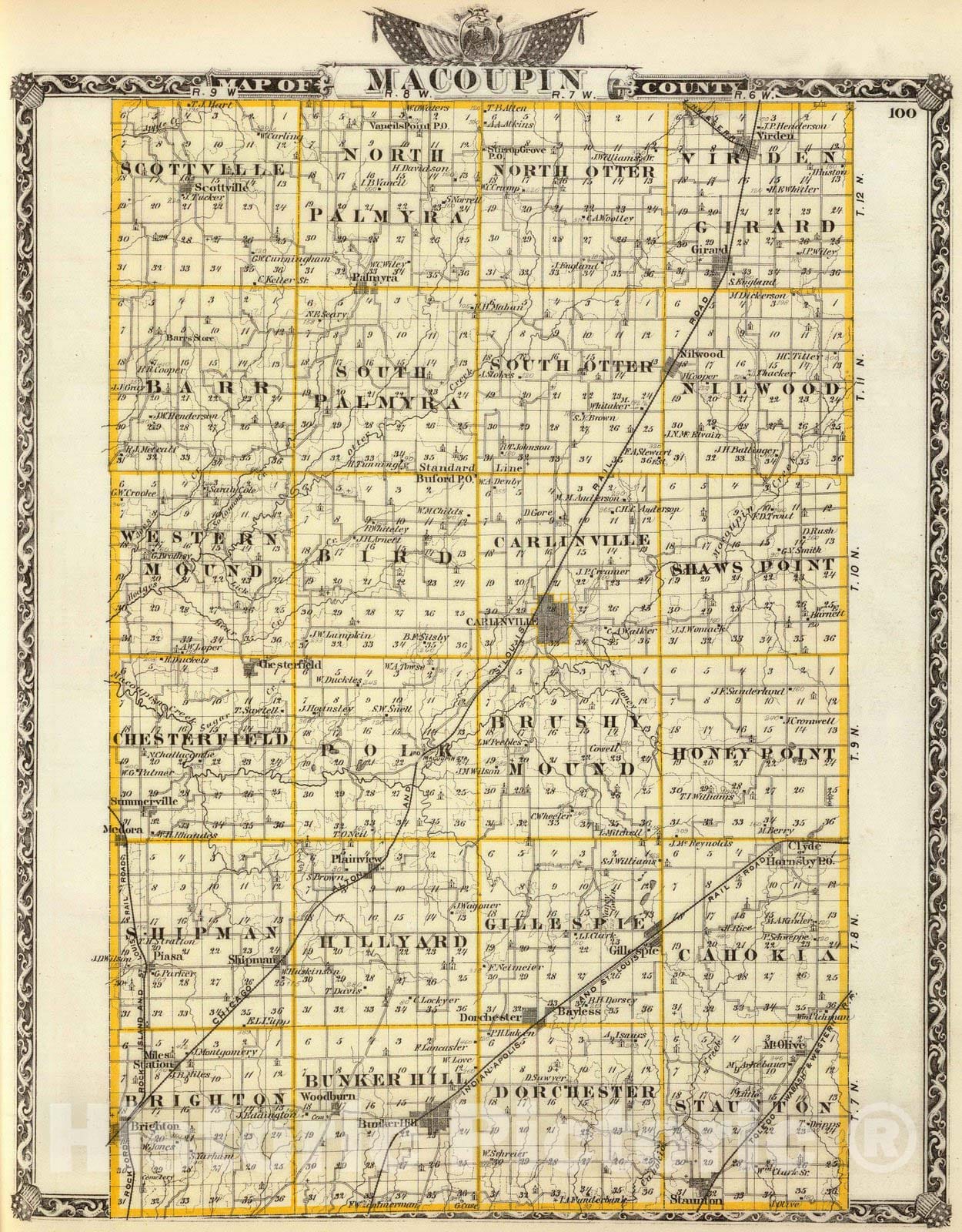 Historic Map - 1876 Map of Macoupin County, Atlas - Vintage Wall Art