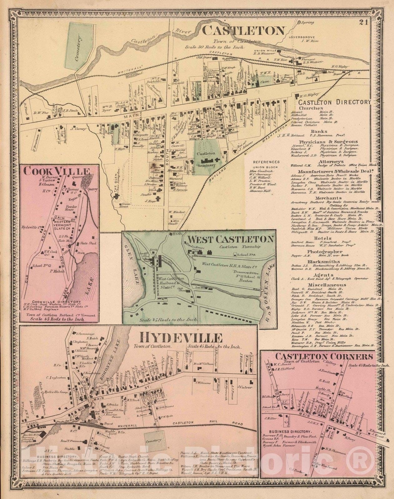 Historic Map : 1869 Castleton. Cook Ville. West Castleton. Hydeville. Castleton Corners, Rutland County, Vermont. - Vintage Wall Art