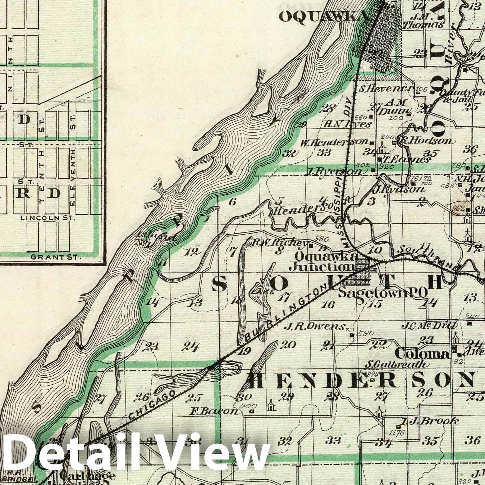 Historic Map : 1876 Map of Henderson County and Oquawka. - Vintage Wall Art