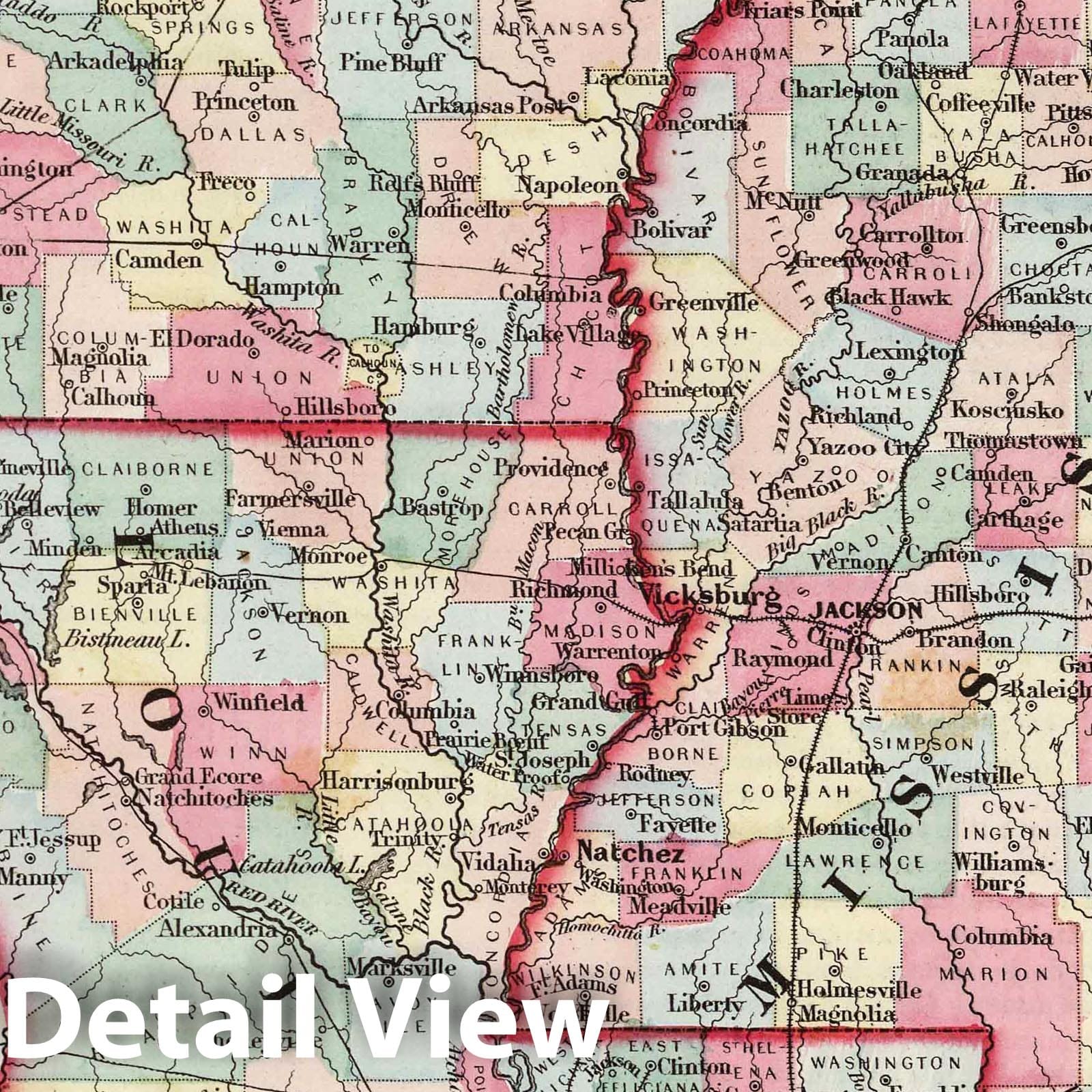 Historic Map : 1858 Mississippi, Louisiana, and Arkansas. - Vintage Wall Art