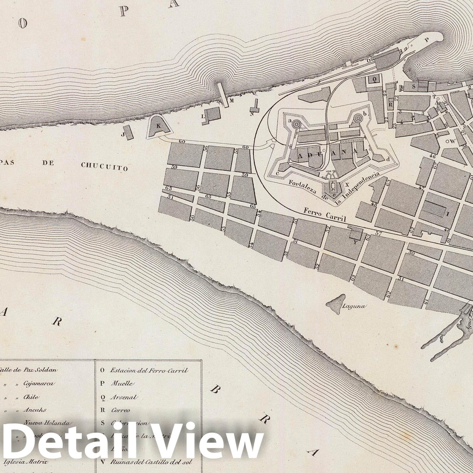 Historic Map : Peru , Callao (Peru), 1865 Plano topografico, Ciudad del Callao. , Vintage Wall Art
