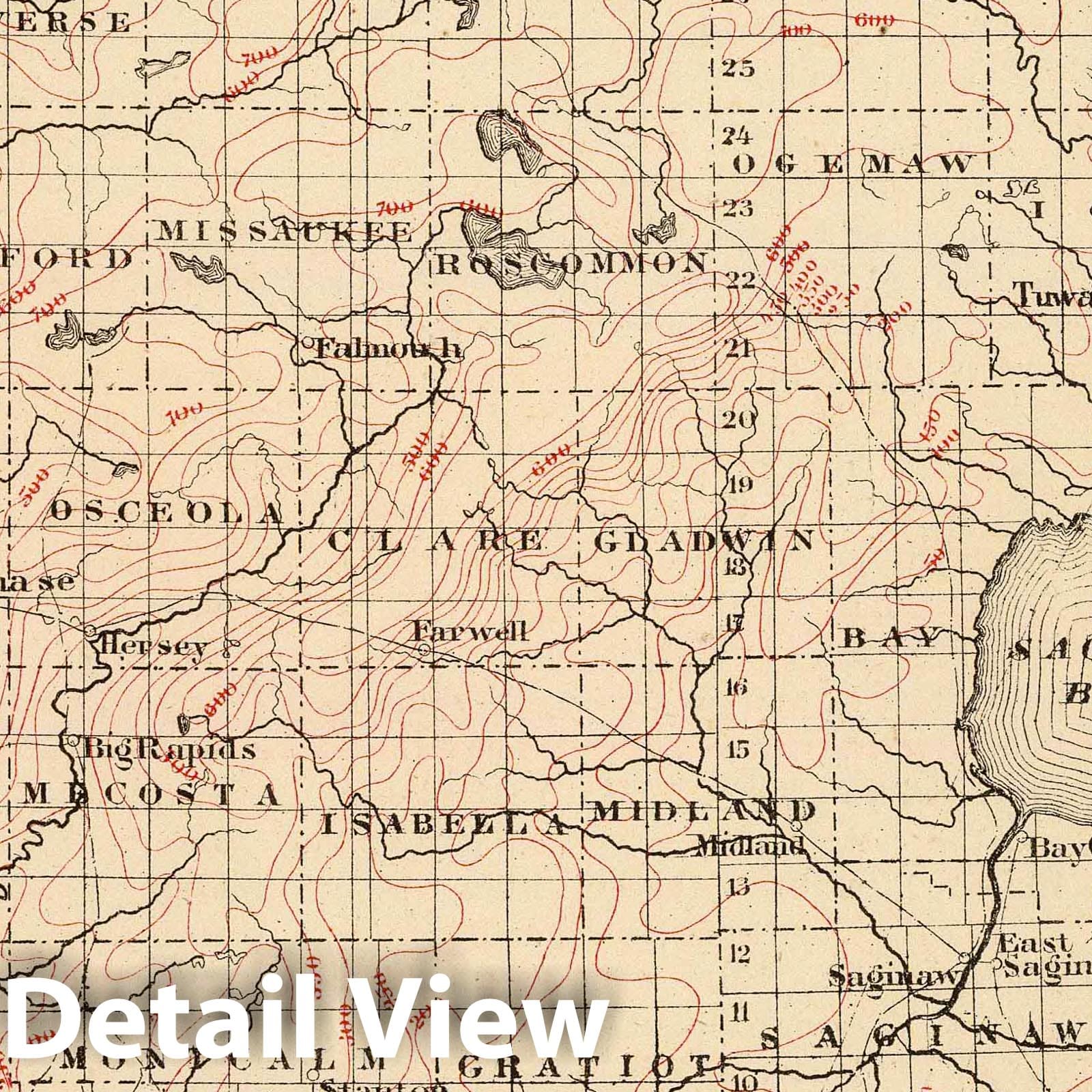 Historic Map : 1873 Michigan showing contour lines. - Vintage Wall Art