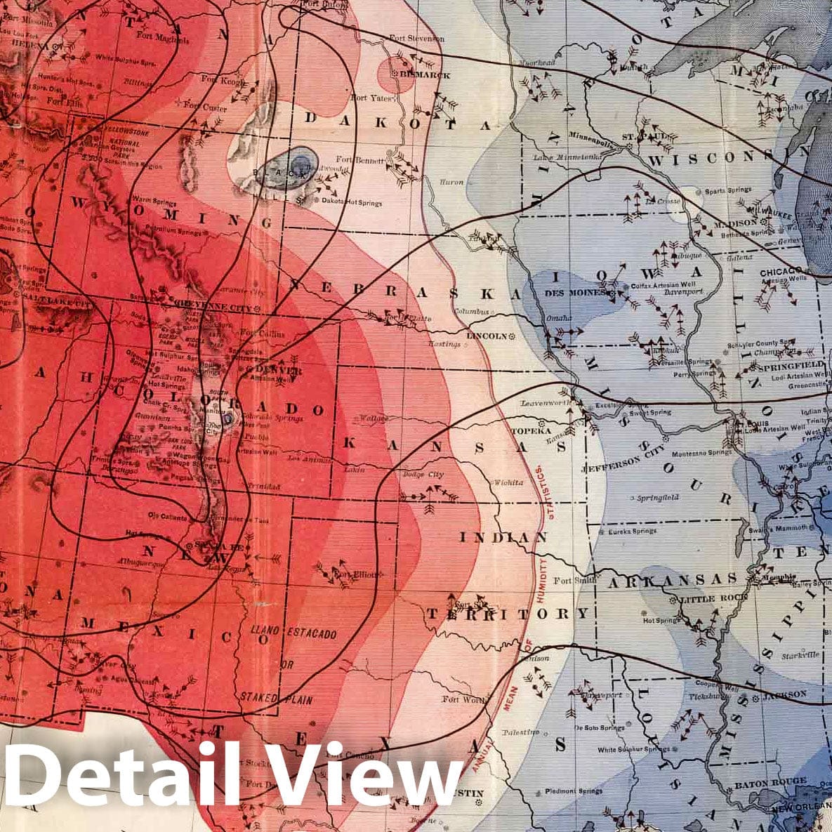 Historic Map : 1884 Summer. Denison's seasonal climatic map of the United States - Vintage Wall Art
