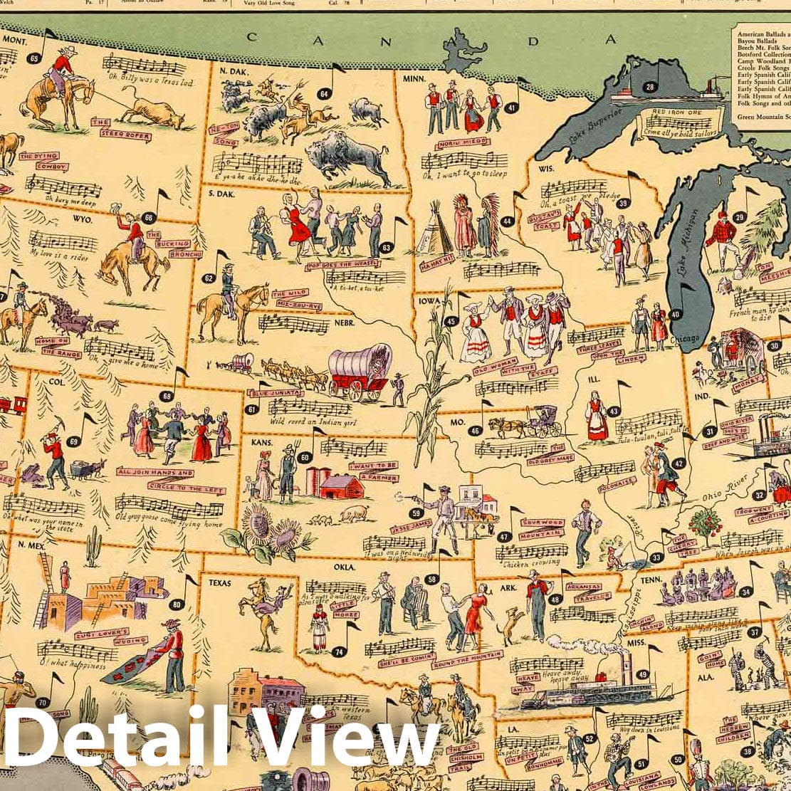 Historic Map : Wall Map - 1945 Folklore Music Map of the United States. - Vintage Wall Art