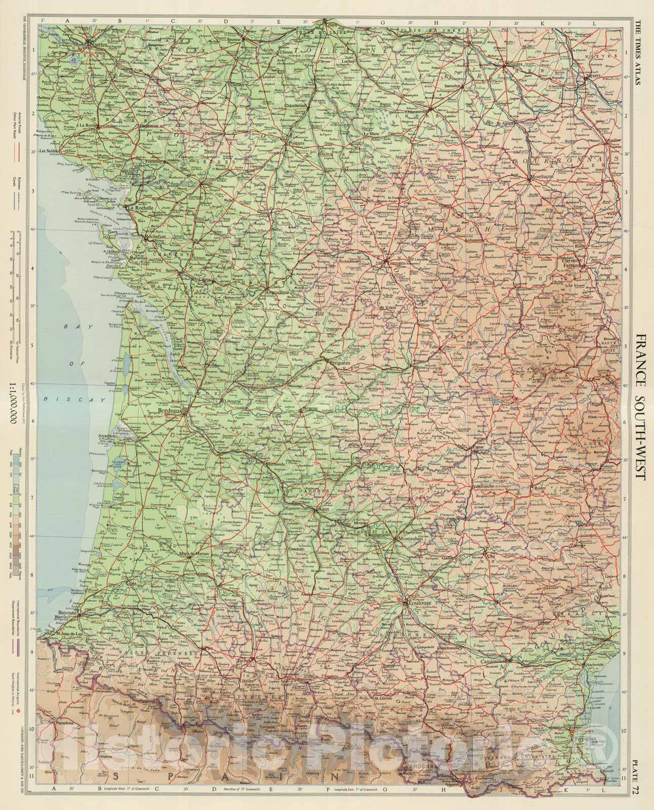 フランスアンティーク　MAP Historic Wall Map : 1955 France South-West, Plate 72, V. III