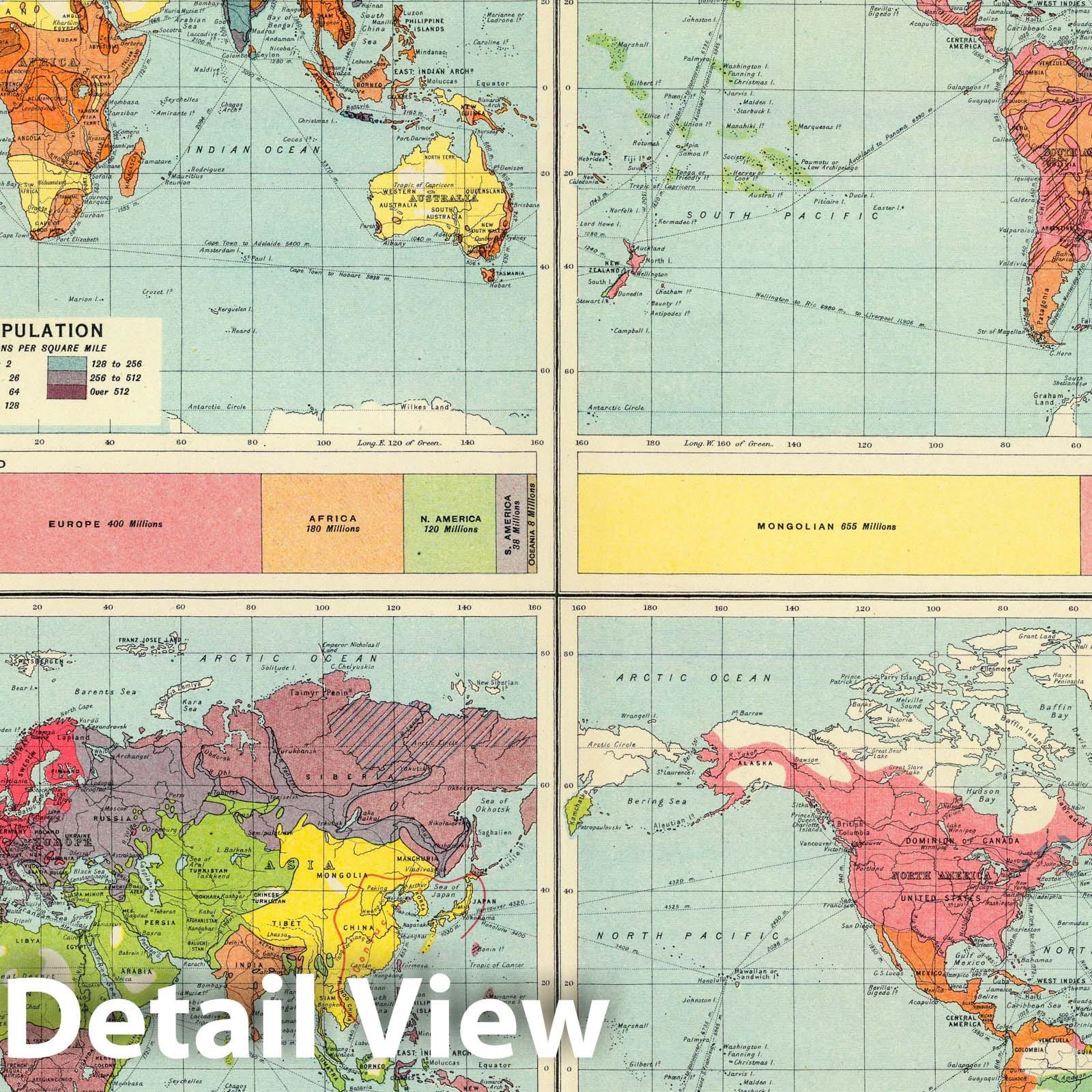 Historic Map : 1922 World - population &c. - Vintage Wall Art