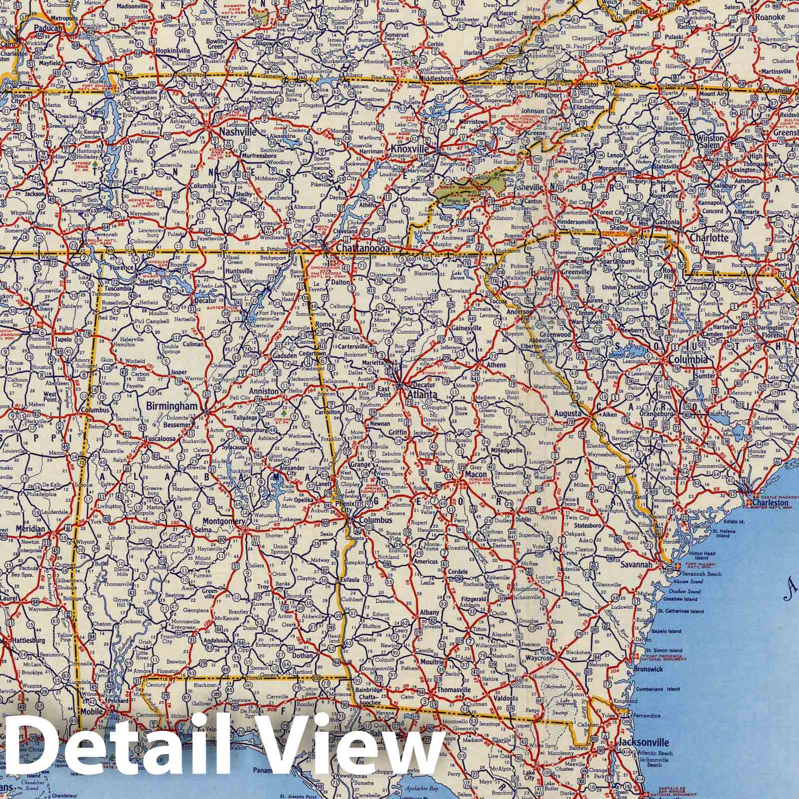 Historic Map : National Atlas - 1951 Shell Highway Map Southeastern Section of The United States. - Vintage Wall Art