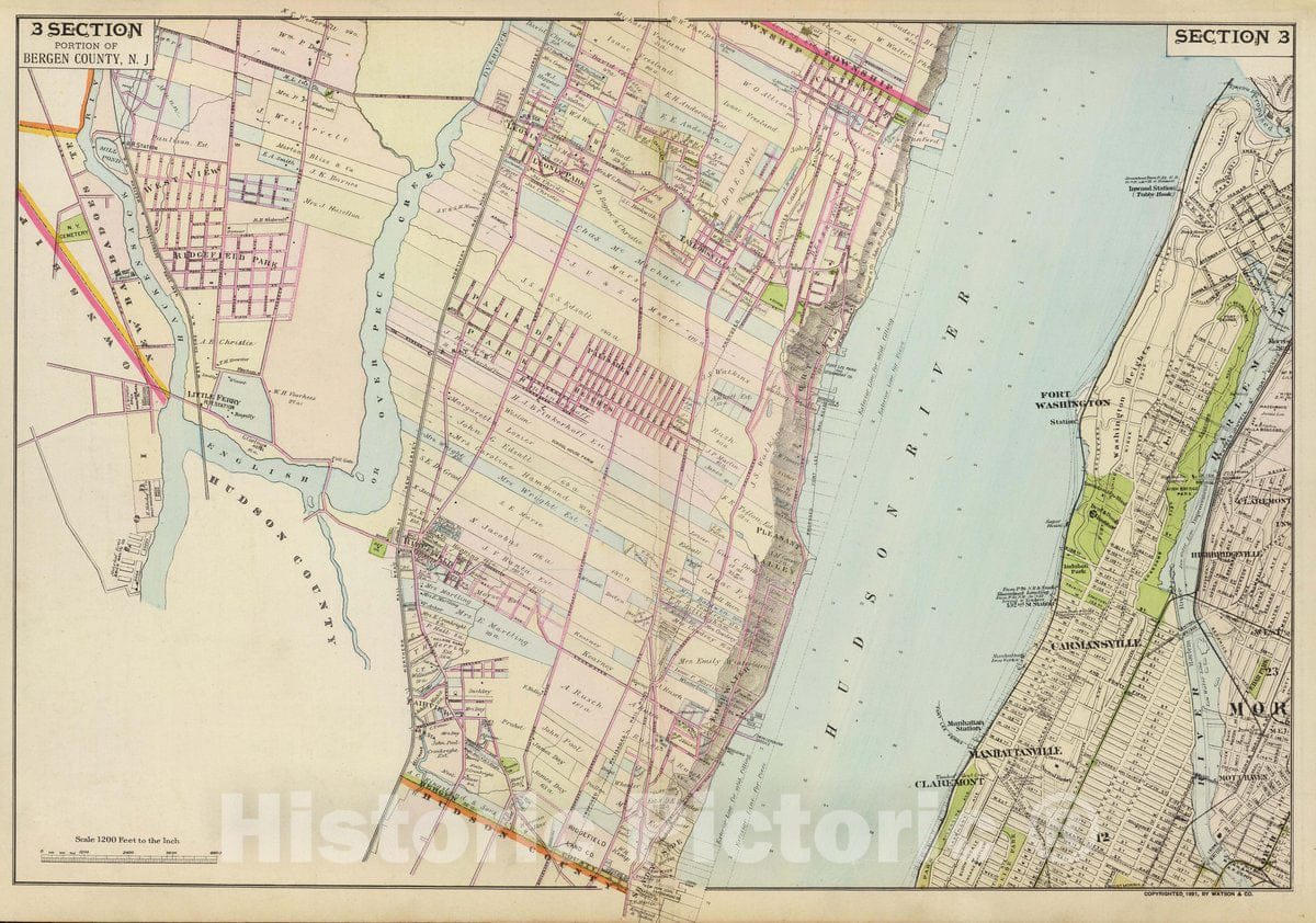 Historic Map : Fort Lee (N.J.), New Jersey, Hudson River Valley (N.Y. and N.J.) Portion of Bergen County, N.J. Copyrighted, 1891, Vintage Wall Art