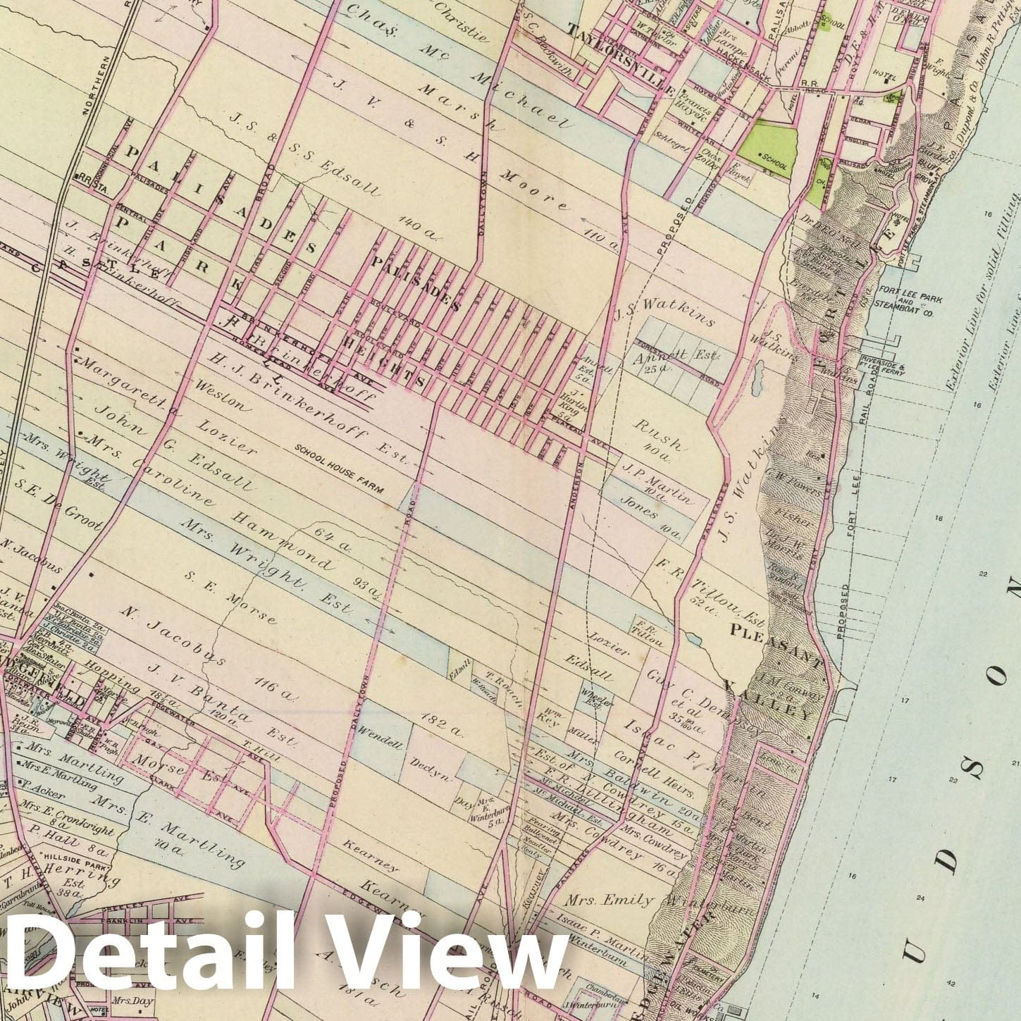 Historic Map : Fort Lee (N.J.), New Jersey, Hudson River Valley (N.Y. and N.J.) Portion of Bergen County, N.J. Copyrighted, 1891, Vintage Wall Art