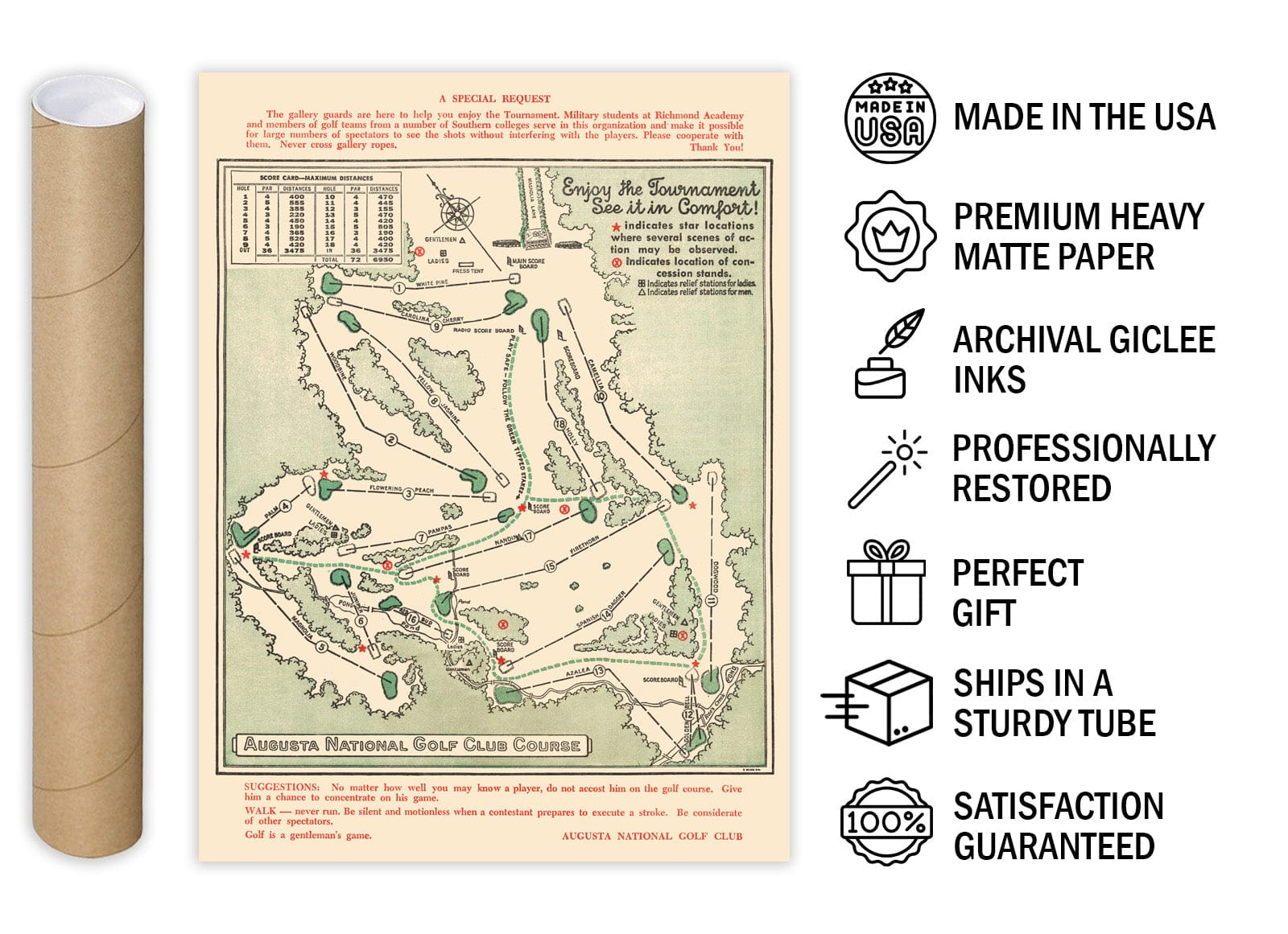 Historic Golf Course Map - Augusta National Golf Club Course, 1954 - Vintage Wall Art