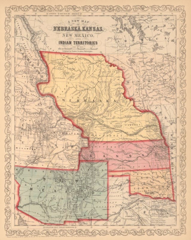 Historical Map, 1856 A New map of Nebraska, Kansas, New Mexico, and Indian Territories, Vintage Wall Art