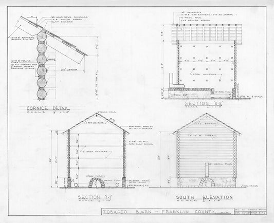 1898 North Carolina Tobacco Barn Floor Plan & North Elevation – Franklin County Flue-Cured Log Barn Architectural Drawing Print (Sheet 2 of 2)