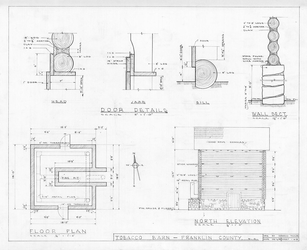 1898 North Carolina Tobacco Barn Floor Plan & North Elevation – Franklin County Flue-Cured Log Barn Architectural Drawing Print (Sheet 1 of 2)