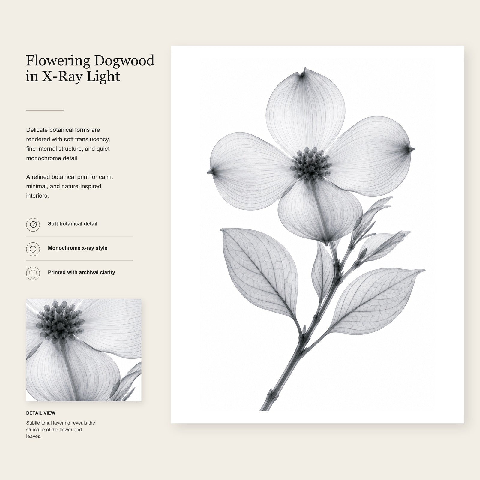 Flowering Dogwood X-Ray Botanical Art Print | Cornus florida | Scientific Floral Wall Art