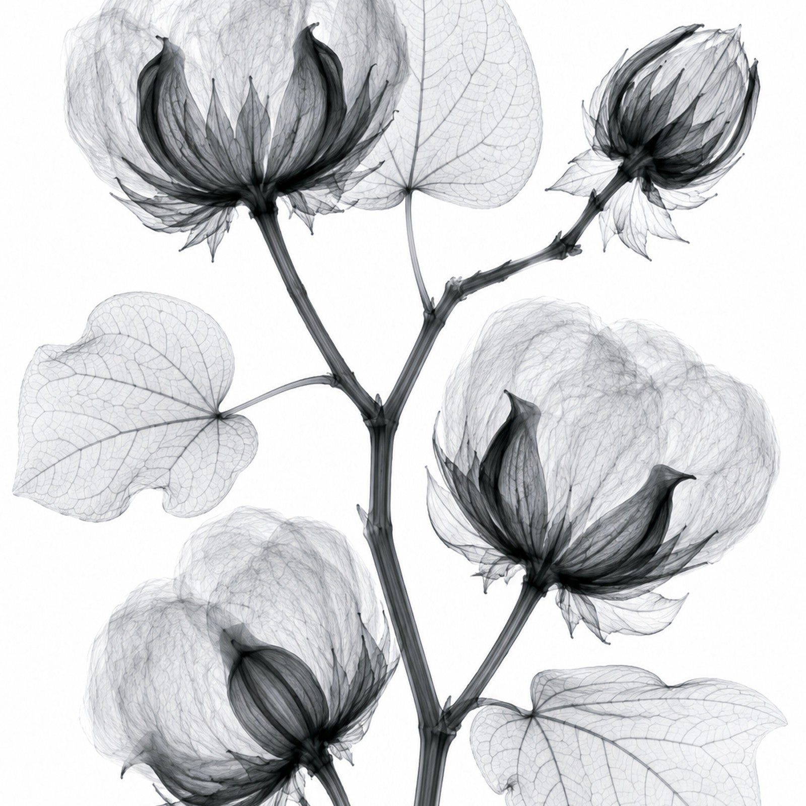 Cotton Branch X-Ray Botanical Art Print | Gossypium hirsutum | Scientific Floral Wall Art