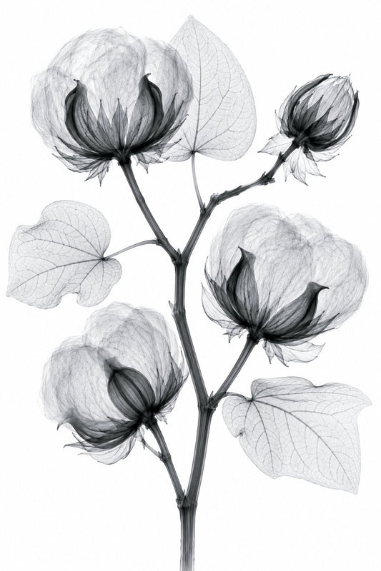 Cotton Branch X-Ray Botanical Art Print | Gossypium hirsutum | Scientific Floral Wall Art