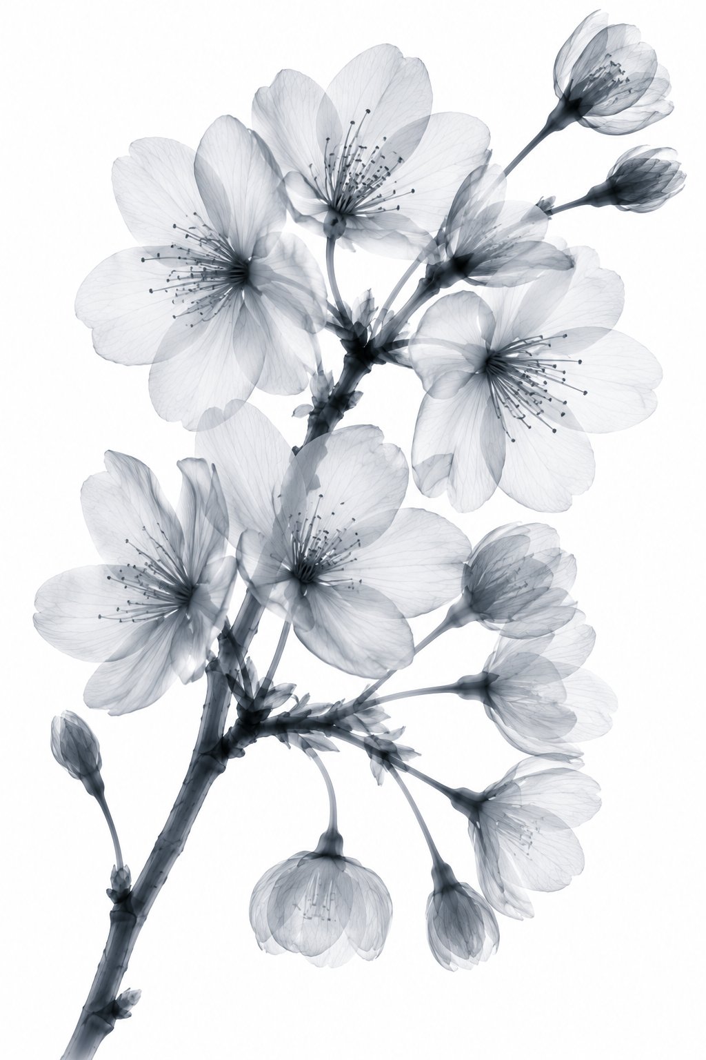 Japanese Cherry Blossom X-Ray Botanical Art Print | Prunus serrulata | Scientific Floral Wall Art