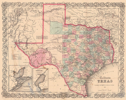 Historical Map, 1861 Colton's Texas, Vintage Wall Art
