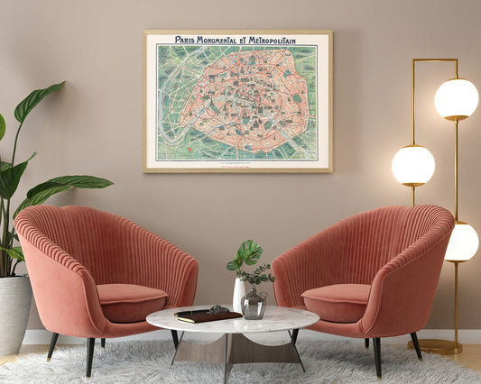 Historic Map : Robelin Map of Paris, France wMonuments, 1932, Vintage Wall Art
