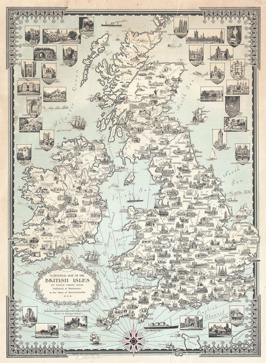 Historic Map : Ernest Dudley Chase Pictorial Map of The British Isles: England, Scotland, Ireland, 1935, Vintage Wall Art
