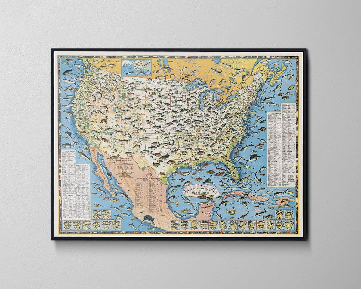 Sportsmen's Fishing Map of the United States and Neighboring Waters - 1957 Pictorial Map Print