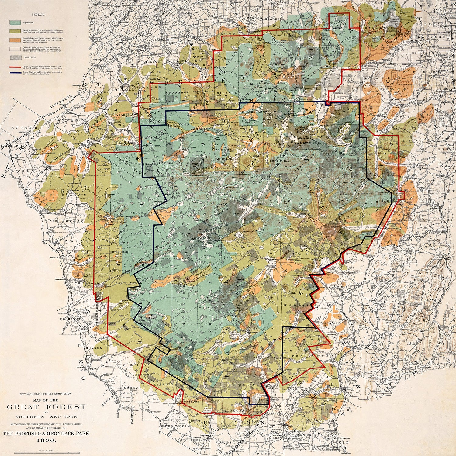 Adirondacks Historic Map, The Proposed Adirondack Park, 1890