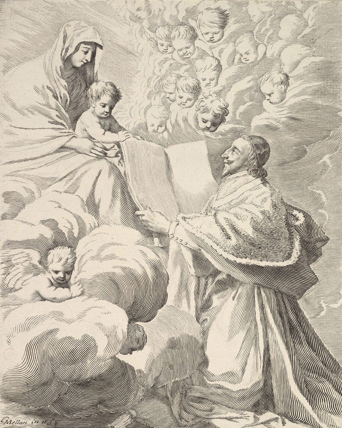 Art Print: Claude Mellan: Cardinal Richelieu, Kneeling, Presents His Book to the Virgin and Child