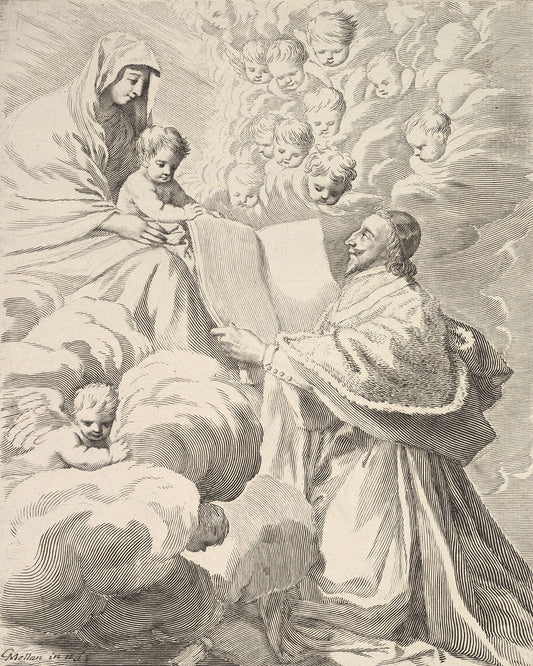 Art Print: Claude Mellan: Cardinal Richelieu, Kneeling, Presents His Book to the Virgin and Child