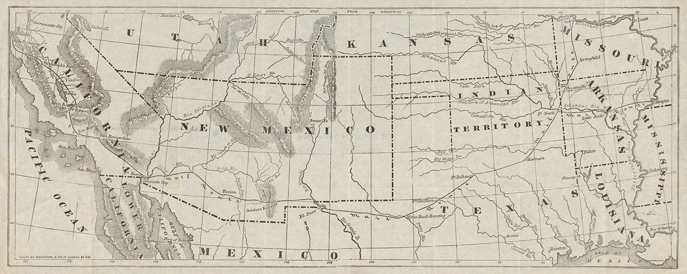 Map of the Butterfield Overland Trail mail route through the southwestern United States, 1857