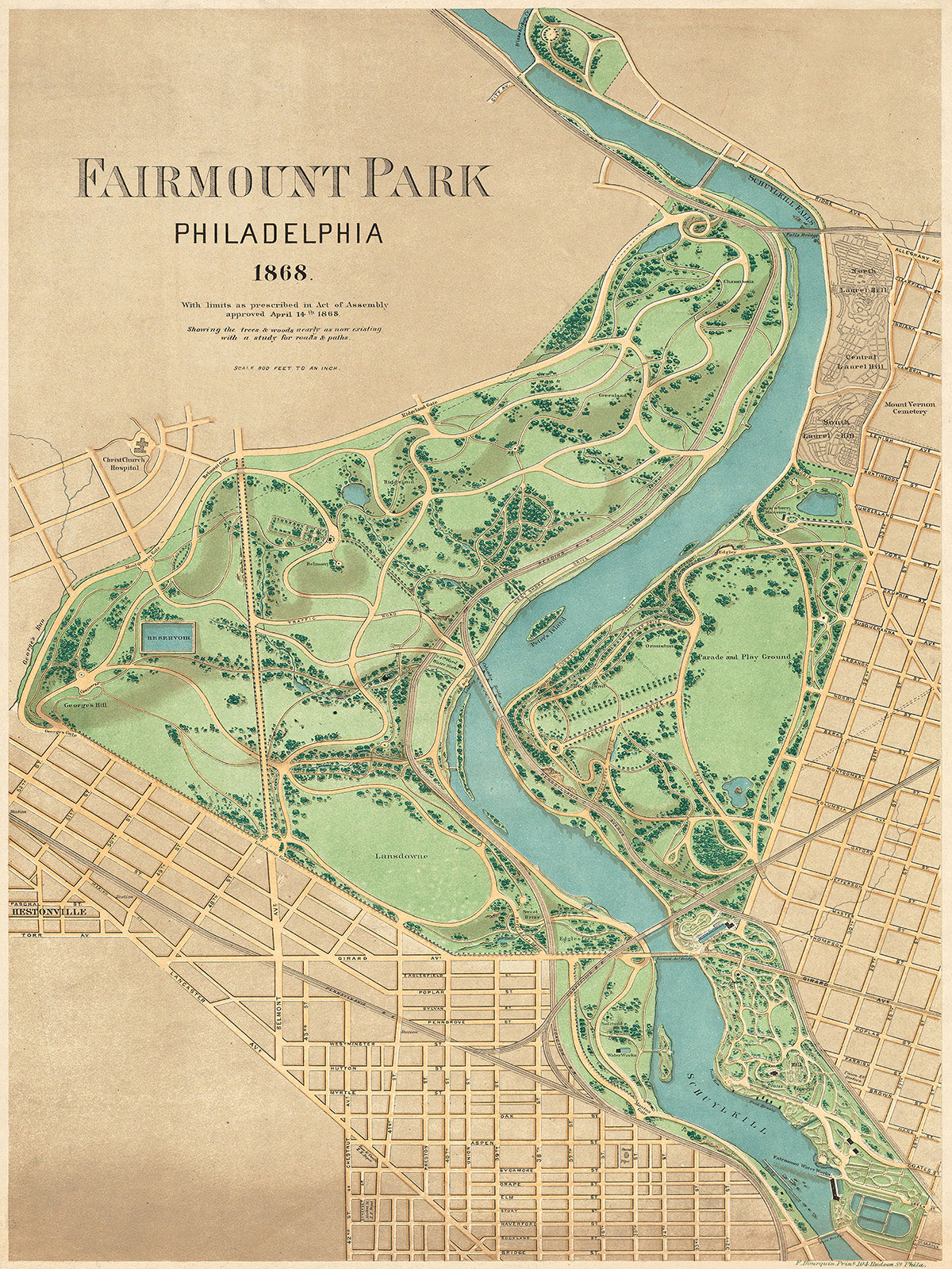 Historical Map, Fairmount Park, Philadelphia, 1868 : with limits, as prescribed in Act of Assembly, approved March 26th, 1868 : showing the trees and woods, Vintage Wall Art