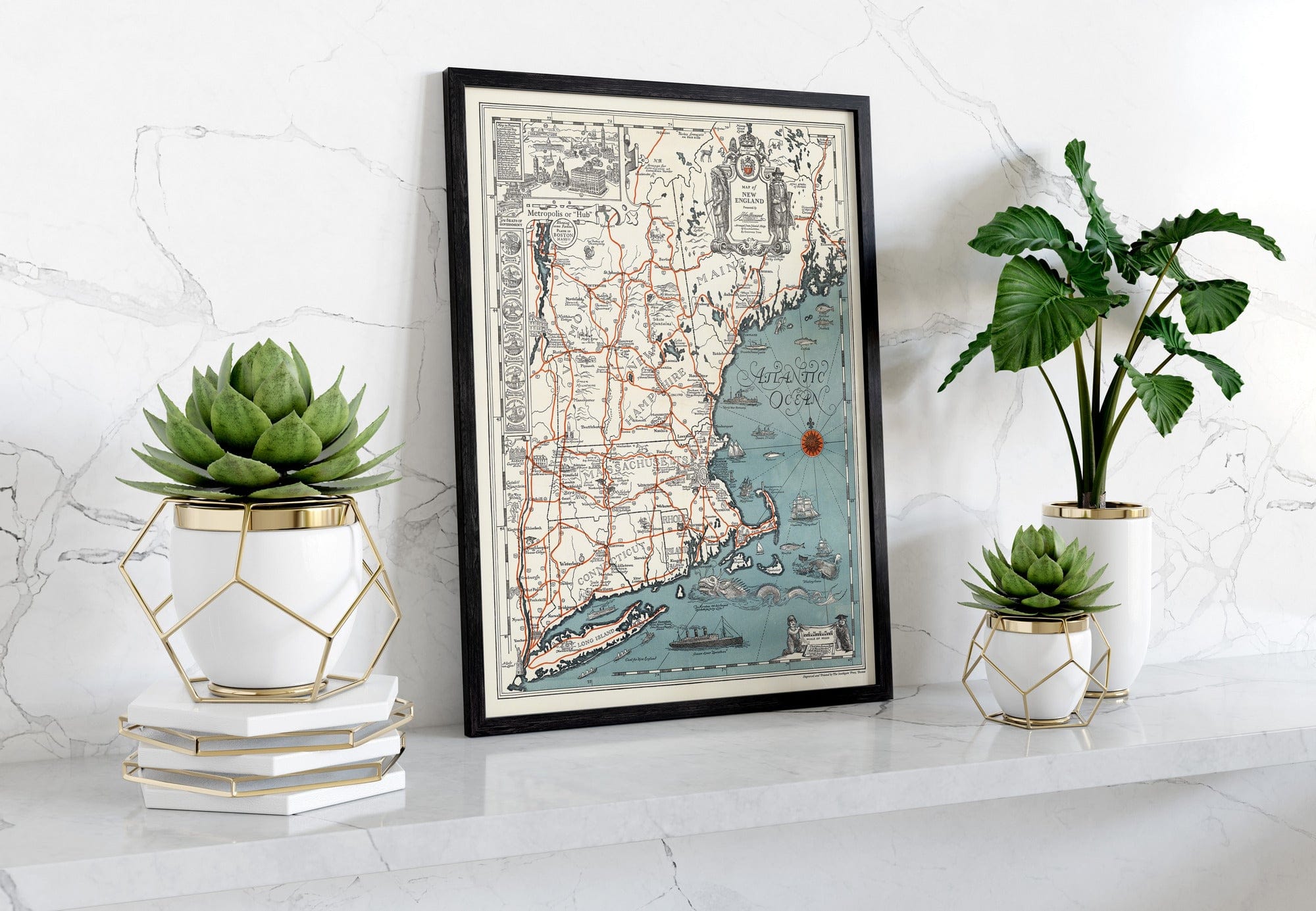 Historic Map : Griswold Tyng Pictorial Map of New England, 1928, Vintage Wall Art