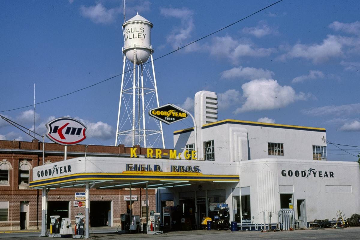 Historic Photo : 1982 Field Brothers Service Station, horizontal view, 300 W. Paul, Pauls Valley, Oklahoma | Margolies | Roadside America Collection | Vintage Wall Art :
