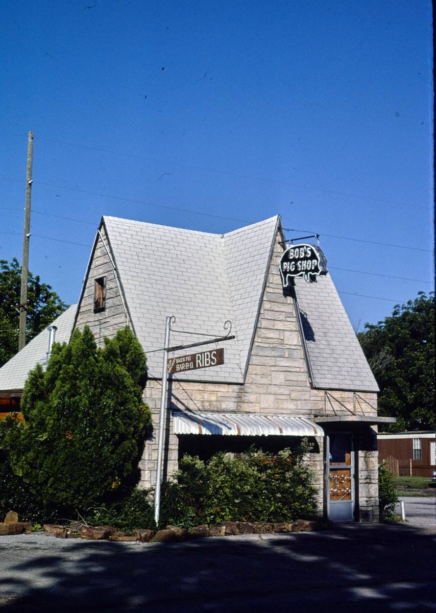 Historic Photo : 1982 Gas station, (Bob's Pig Shop), vertical view, Route 77, Pauls Valley, Oklahoma | Margolies | Roadside America Collection | Vintage Wall Art :