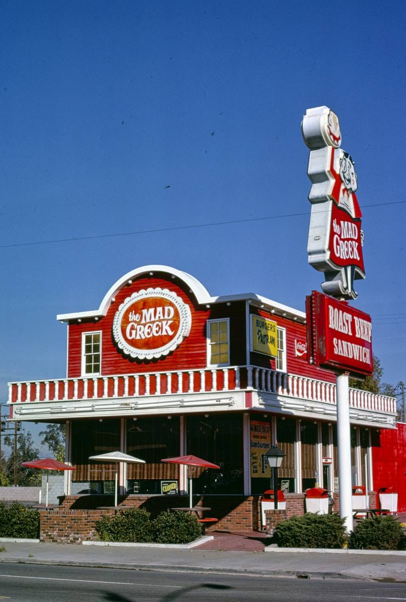 Historic Photo : 1977 The Mad Greek (formerly Sam's Roast Beef), 6th Street, Corona, California | Margolies | Roadside America Collection | Vintage Wall Art :
