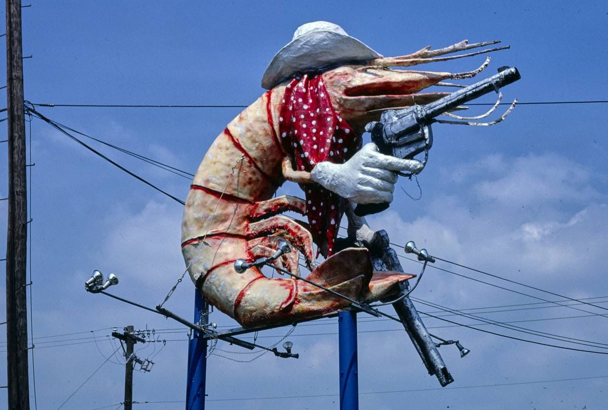 Historic Photo : 1983 Christie's Restaurant sign, cowboy shrimp, Houston, Texas | Margolies | Roadside America Collection | Vintage Wall Art :
