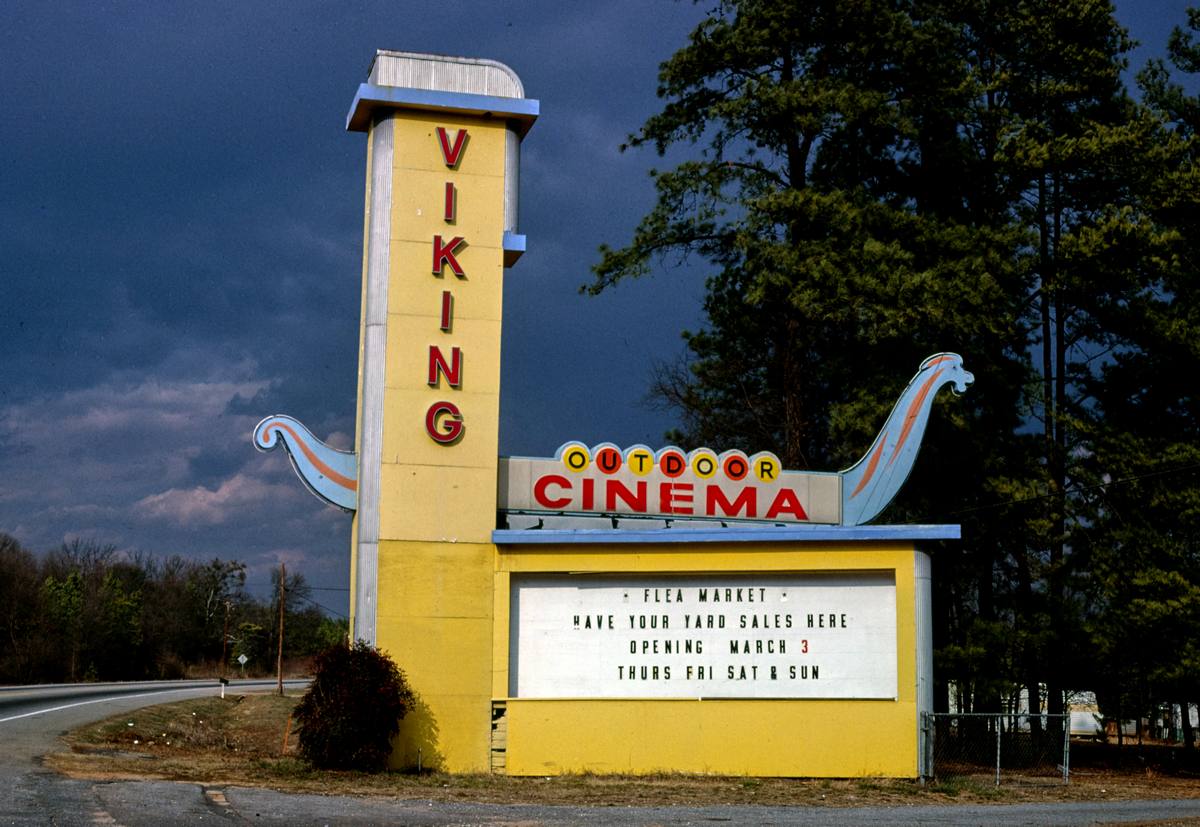 Historic Photo : 1988 Viking Drive-In Theater sign, darker sky, Route 29, Anderson, South Carolina | Margolies | Roadside America Collection | Vintage Wall Art :