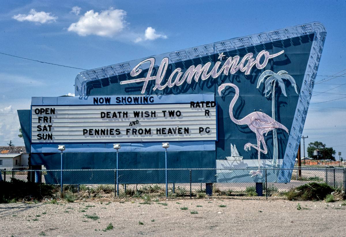 Historic Photo : 1982 Flamingo Drive-In Theater sign, Dal Passo Road, Hobbs, New Mexico | Margolies | Roadside America Collection | Vintage Wall Art :