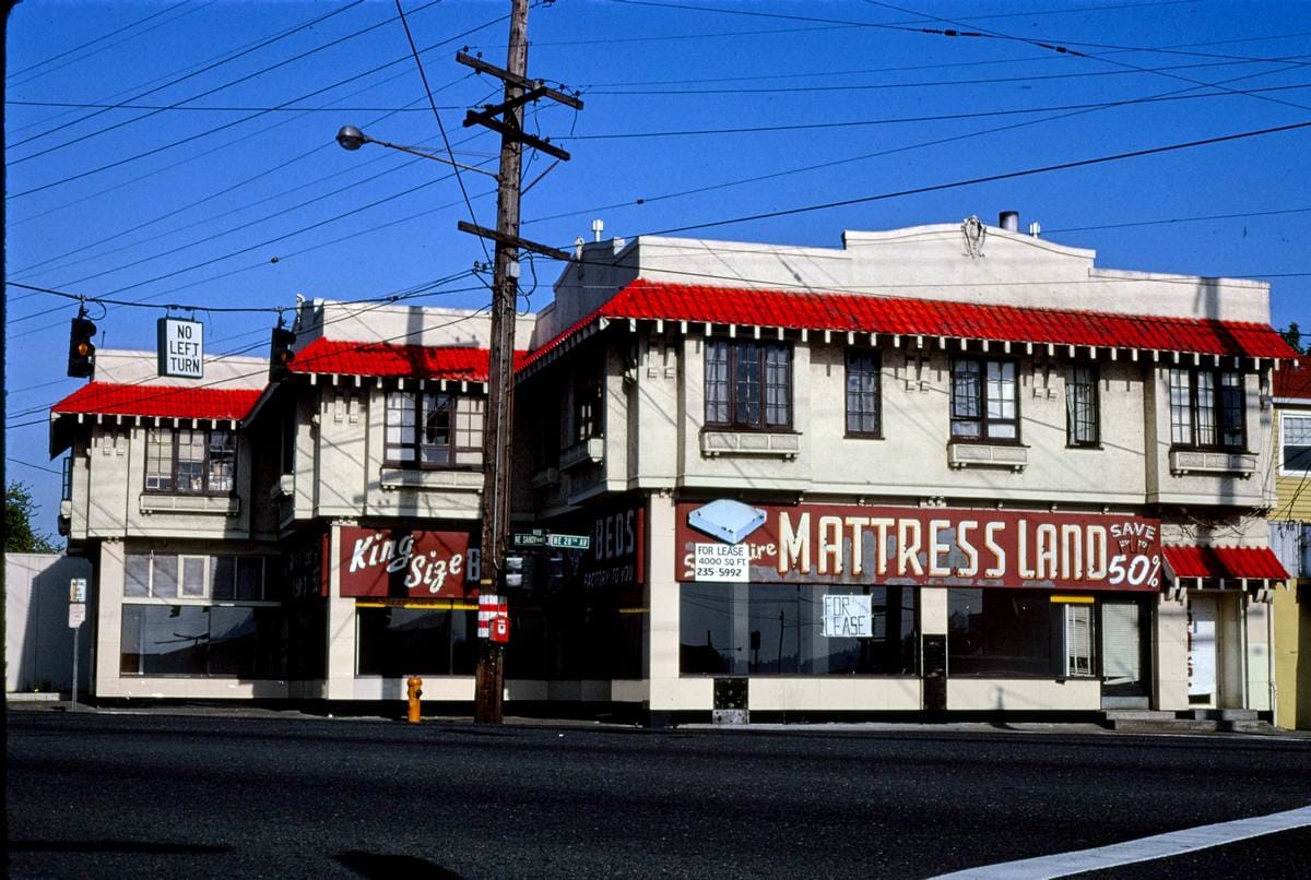 Historic Photo : 1980 Mattress Land, 28th & Sandy Boulevard, Portland, Oregon | Margolies | Roadside America Collection | Vintage Wall Art :